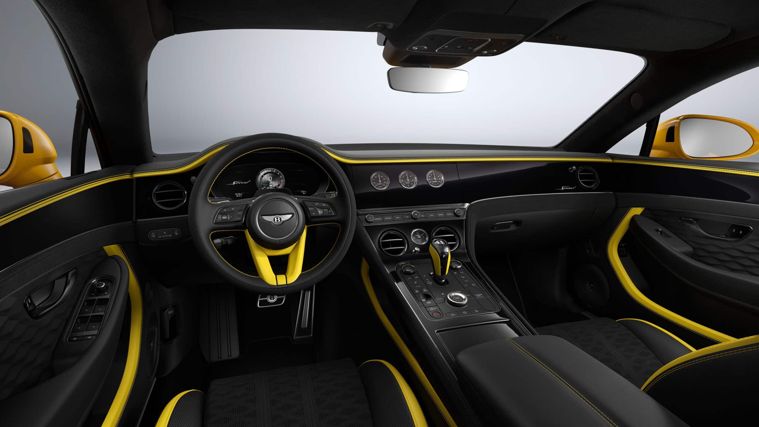Bentley Continental GT Speed interior panorama with yellow accents and diamond quilted hide